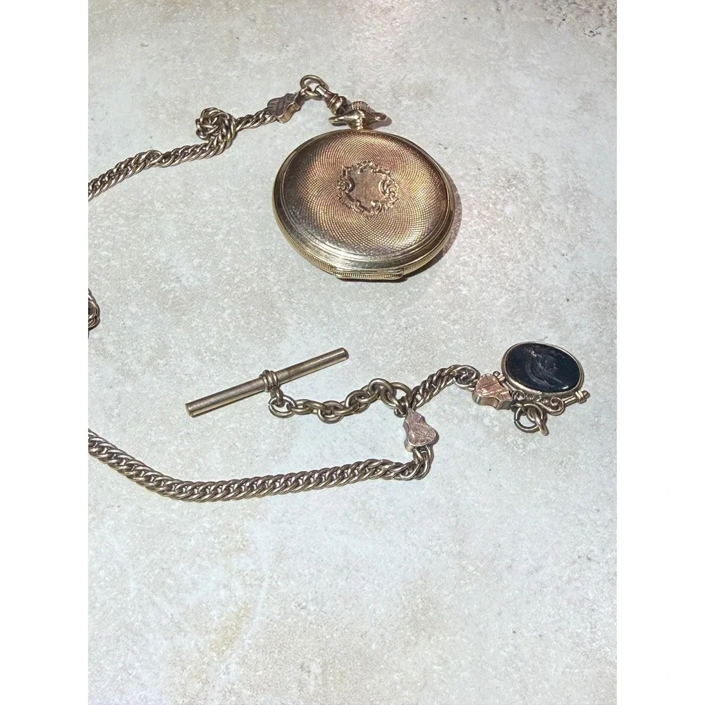 Antique ELGIN 14K Solid Gold 585 Fine 15 Jewels Pocket Watch Case Chain Fob‎